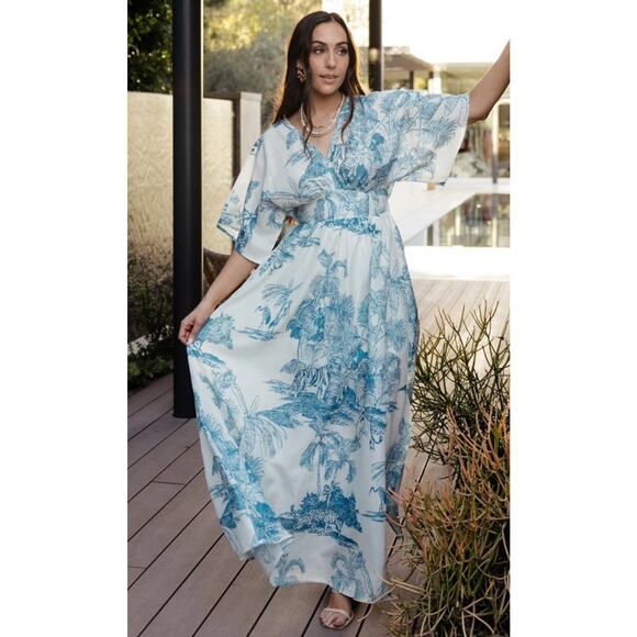 Baltic Born Womens Large Dara Blue & Ivory Toile Maxi Tie Kimono Sleeve Dress - Picture 1 of 15